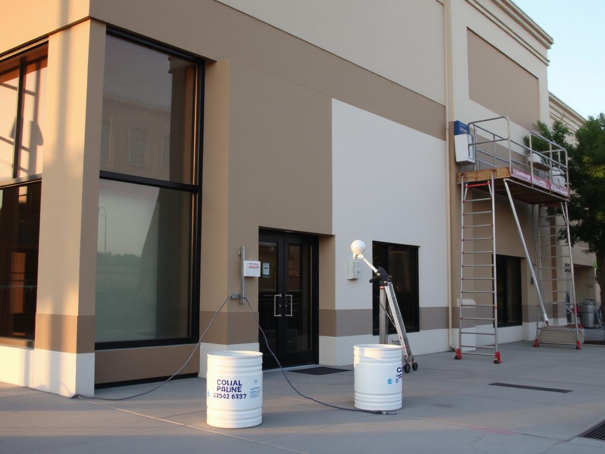 Exterior commercial repaint in progress with scaffolding