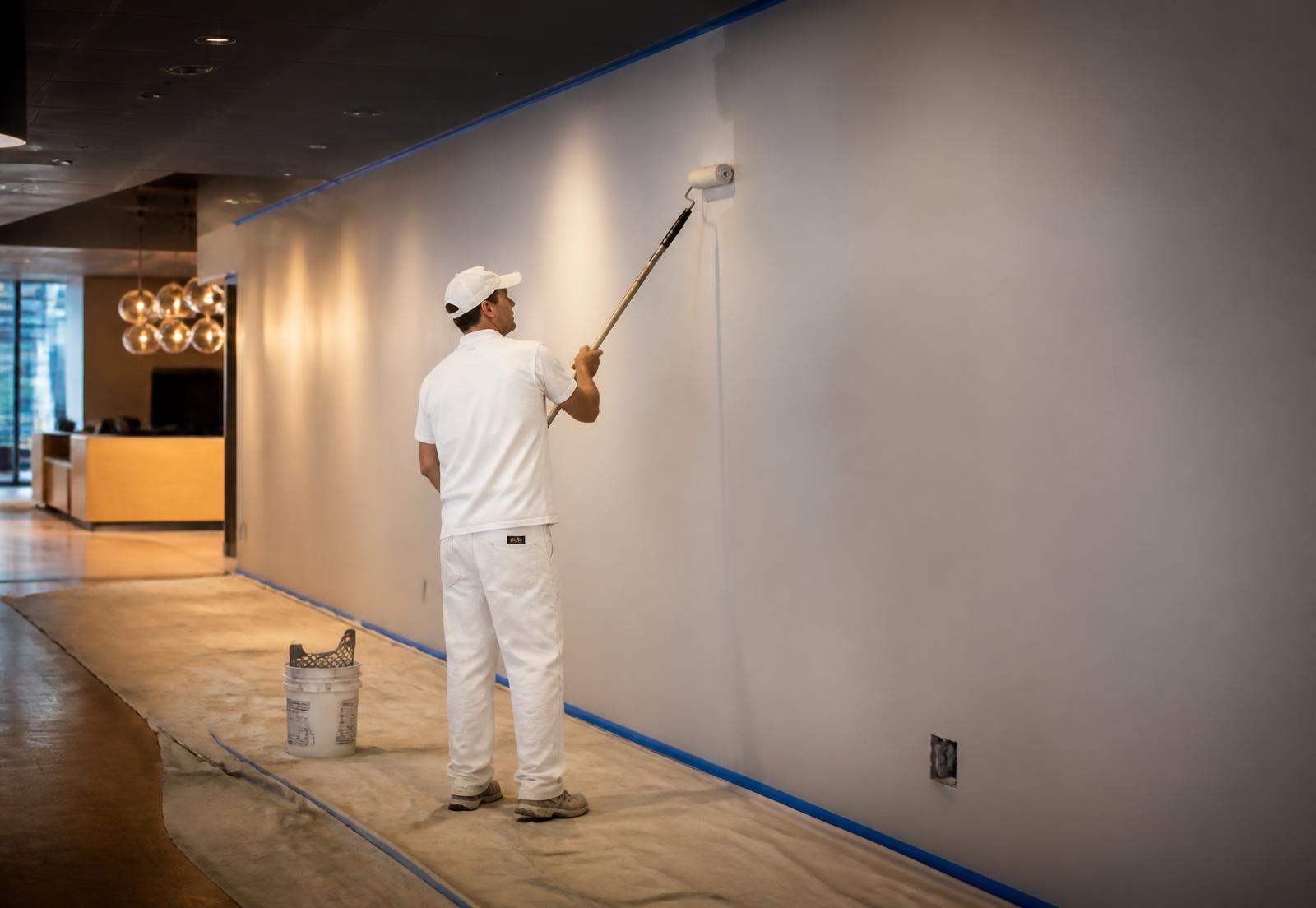 Painter rolling a fresh coat on a commercial interior wall